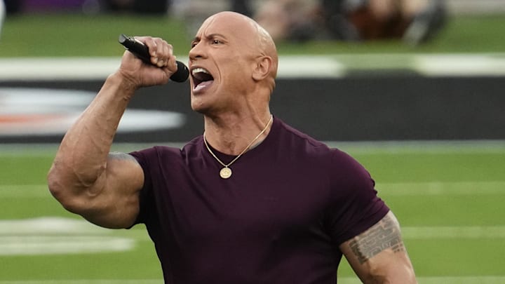 Feb 13, 2022; Inglewood, CA, USA; Dwayne Johnson aka The Rock speaks to the crowd before Super Bowl