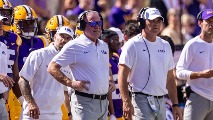 Sep 21, 2024; Baton Rouge, Louisiana, USA;  LSU Tigers head coach Brian Kelly looks on during the first half against the UCLA Bruins at Tiger Stadium. Mandatory Credit: Stephen Lew-Imagn Images