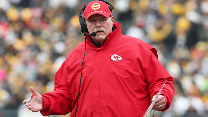 Dec 25, 2024; Pittsburgh, Pennsylvania, USA;  Kansas City Chiefs head coach Andy Reid reacts to an official's penalty on the Chiefs against the Pittsburgh Steelers during the first quarter at Acrisure Stadium. Mandatory Credit: Charles LeClaire-Imagn Images