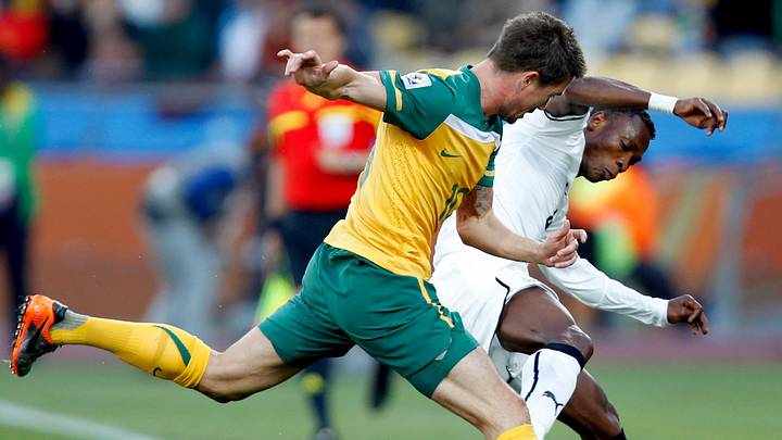June 19, 2010; Rustenburg, SOUTH AFRICA; Australia striker Harry Kewell (10) battles for the ball with Ghana player John Pantsil during Group D play in the 2010 World Cup at Royal Bafokeng Stadium. Mandatory Credit: Christian Ort/GEPA via Imagn Images June 19, 2010; Rustenburg, SOUTH AFRICA; Australia striker Harry Kewell (10) battles for the ball with Ghana player John Pantsil during Group D play in the 2010 World Cup at Royal Bafokeng Stadium. Mandatory Credit: Christian Ort/GEPA via Imagn Images