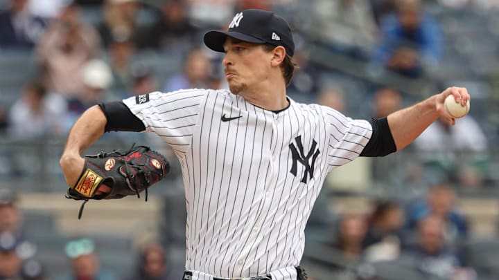 Apr 27, 2025; Bronx, New York, USA;  New York Yankees starting pitcher Max Fried (54) delivers a pitch during the first inning against the Toronto Blue Jays at Yankee Stadium. 