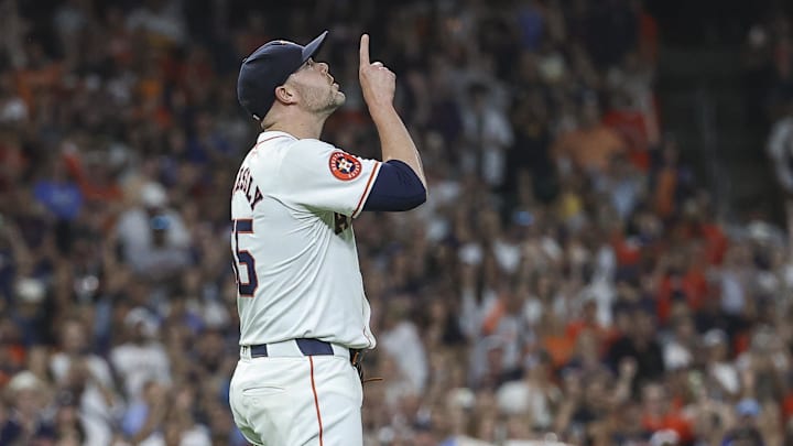Aug 31, 2024; Houston, Texas, USA; Houston Astros relief pitcher Ryan Pressly (55) reacts after the final out during the ninth inning against the Kansas City Royals at Minute Maid Park. Aug 31, 2024; Houston, Texas, USA; Houston Astros relief pitcher Ryan Pressly (55) reacts after the final out during the ninth inning against the Kansas City Royals at Minute Maid Park.