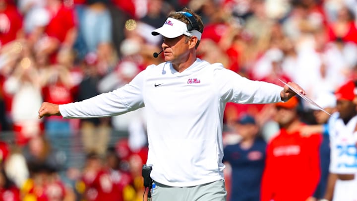 Oct 25, 2025; Norman, Oklahoma, USA;  Ole Miss Rebels head coach Lane Kiffin during the game against the Oklahoma Sooners at Gaylord Family-Oklahoma Memorial Stadium. Mandatory Credit: Kevin Jairaj-Imagn Images