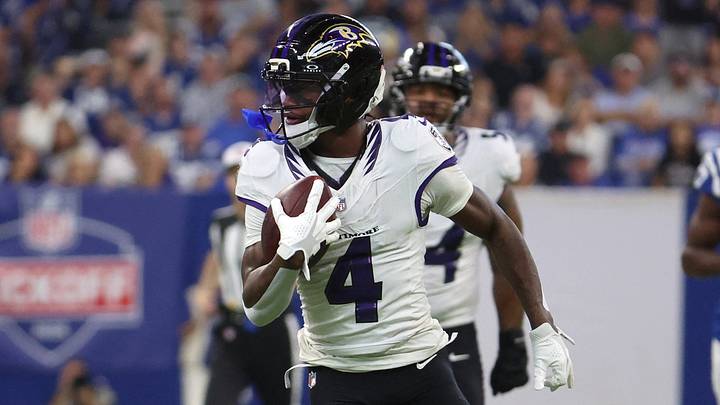 Sep 13, 2026; Indianapolis, Indiana, USA; Baltimore Ravens wide receiver Zay Flowers (4) runs with the ball for a touchdown against the Indianapolis Colts at Lucas Oil Stadium. Mandatory Credit: Trevor Ruszkowski-Imagn Images Sep 13, 2026; Indianapolis, Indiana, USA; Baltimore Ravens wide receiver Zay Flowers (4) runs with the ball for a touchdown against the Indianapolis Colts at Lucas Oil Stadium. Mandatory Credit: Trevor Ruszkowski-Imagn Images