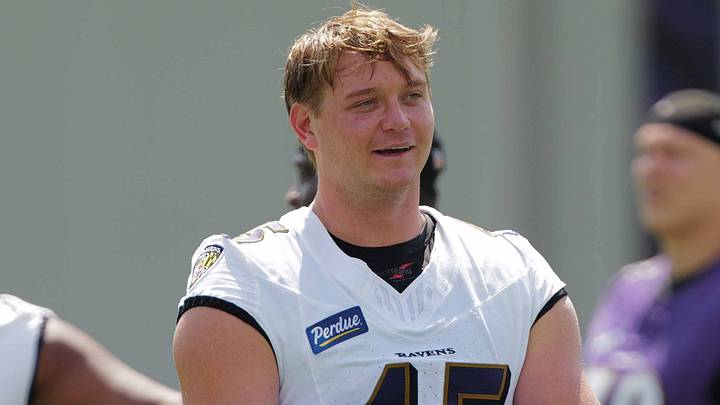 Jul 29, 2026; Ownings Mills, MD, USA; Baltimore Ravens linebacker Ethan Burke (45) during practice at the Under Armour Performance Center. Mandatory Credit: Mitch Stringer-Imagn Images Jul 29, 2026; Ownings Mills, MD, USA; Baltimore Ravens linebacker Ethan Burke (45) during practice at the Under Armour Performance Center. Mandatory Credit: Mitch Stringer-Imagn Images