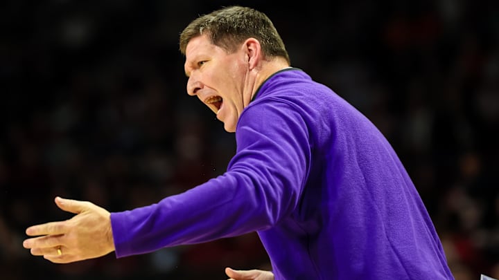 Dec 17, 2024; Columbia, South Carolina, USA; Clemson Tigers head coach Brad Brownell directs his team against the South Carolina Gamecocks in the first half at Colonial Life Arena. 