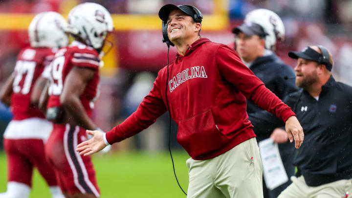 Nov 11, 2023; Columbia, South Carolina, USA; South Carolina Gamecocks head coach Shane Beamer celebrates after a play against the Vanderbilt Commodores in the second half at Williams-Brice Stadium. Mandatory Credit: Jeff Blake-USA TODAY Sports