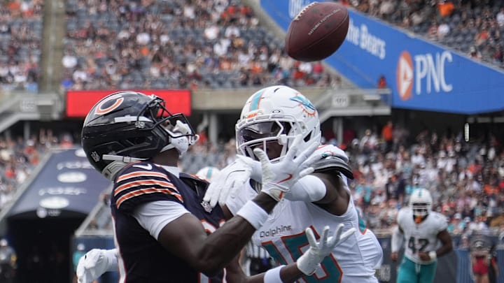 Jahdae Walker catches a touchdown pass over Miami Dolphins linebacker Jaelan Phillips in the second half at Soldier Field.