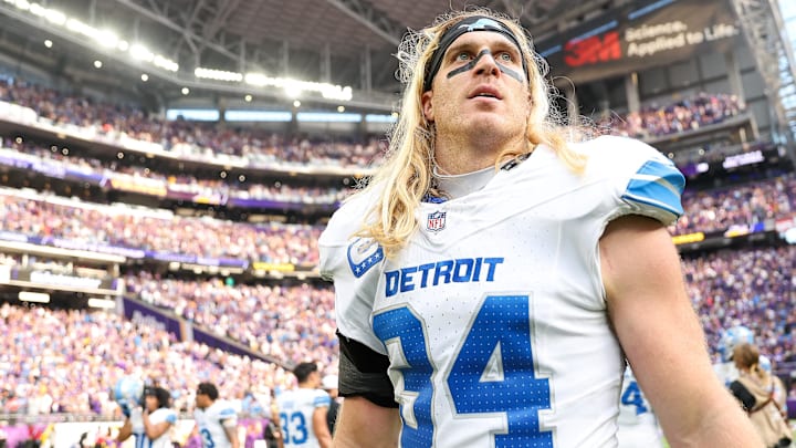 Detroit Lions linebacker Alex Anzalone (34) walks on the field after his team's win against the Minnesota Vikings at U.S. Bank Stadium. Detroit Lions linebacker Alex Anzalone (34) walks on the field after his team's win against the Minnesota Vikings at U.S. Bank Stadium.