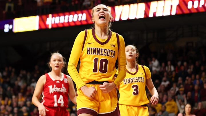 Jan 14, 2024; Minneapolis, Minnesota, USA; Minnesota Golden Gophers guard Mara Braun (10) celebrates during the second half against the Nebraska Cornhuskers at Williams Arena. Mandatory Credit: Matt Krohn-USA TODAY Sports