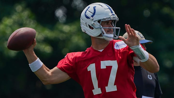 Indianapolis Colts quarterback Daniel Jones (17) throws the ball Tuesday, June 10, 2025, during NFL Colts mandatory mini camp at the Indiana Farm Bureau Football Center in Indianapolis.