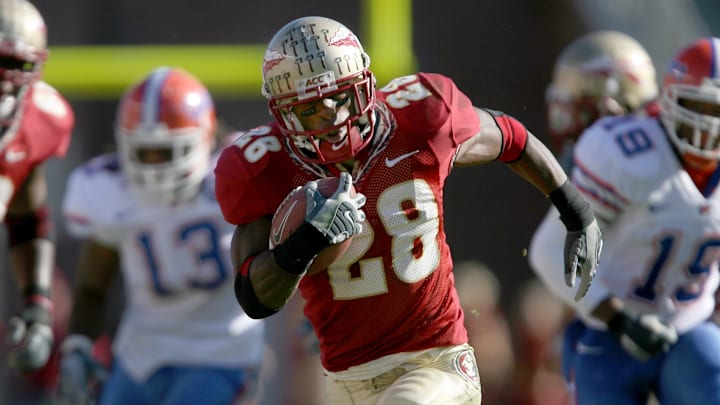 Nov 25, 2006; Tallahassee, FL, USA; Florida State Seminoles running back (28) Lorenzo Booker runs during the fourth quarter against the Florida Gators at Doak Campbell Stadium in Tallahassee, Florida. Gators defeated the Seminoles 21-14. 
