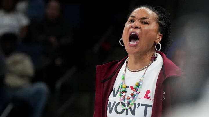 South Carolina's head coach Dawn Staley reacts during the game between South Carolina and Memphis in the Hoops for St. Jude Tip Off Classic at FedExForum on Tuesday, October 15, 2024.