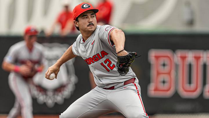 Jun 7, 2026; Athens, GA, USA; Georgia Bulldogs pitcher Caden Aoki (12) pitches against the Mississippi State Bulldogs during the first inning at Foley Field. Mandatory Credit: Dale Zanine-Imagn Images
