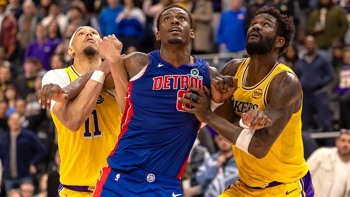 Mar 23, 2026; Detroit, Michigan, USA; Detroit Pistons Jalen Duren (0) battles for position between Los Angeles Lakers Jaxson Hayes (11) and Deandre Ayton (5) during the second half at Little Caesars Arena. Mandatory Credit: David Reginek-Imagn Images Mar 23, 2026; Detroit, Michigan, USA; Detroit Pistons Jalen Duren (0) battles for position between Los Angeles Lakers Jaxson Hayes (11) and Deandre Ayton (5) during the second half at Little Caesars Arena. Mandatory Credit: David Reginek-Imagn Images
