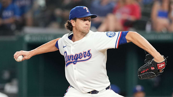 Texas Rangers starting pitcher Jacob deGrom (48) delivers a pitch to the Los Angeles Angels during the second inning at Globe Life Field. Texas Rangers starting pitcher Jacob deGrom (48) delivers a pitch to the Los Angeles Angels during the second inning at Globe Life Field.