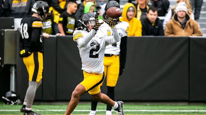 Iowa defensive back TJ Hall (2) runs a drill during the Hawkeyes' final spring NCAA football practice, Saturday, April 22, 2023, at Kinnick Stadium in Iowa City, Iowa.

230422 Iowa Spring Fb 065 Jpg