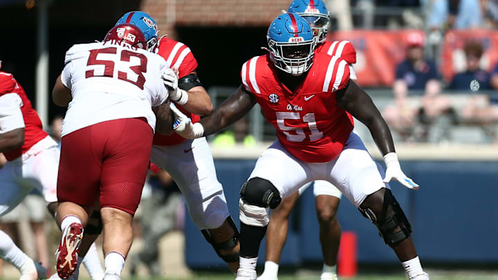Oct 11, 2025; Oxford, Mississippi, USA; Mississippi Rebels offensive lineman Delano Townsend (51) blocks during the second quarter against the Washington State Cougars at Vaught-Hemingway Stadium. Mandatory Credit: Petre Thomas-Imagn Images