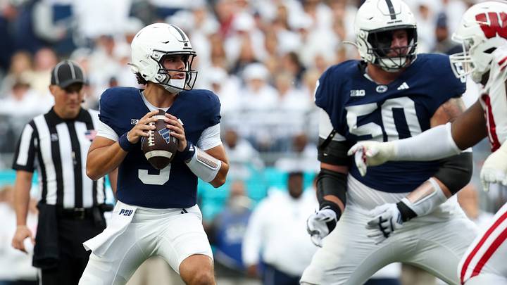 Penn State Nittany Lions quarterback Rocco Becht (3) looks to throw a pass against the Wisconsin Badgers at Beaver Stadium. Penn State Nittany Lions quarterback Rocco Becht (3) looks to throw a pass against the Wisconsin Badgers at Beaver Stadium.