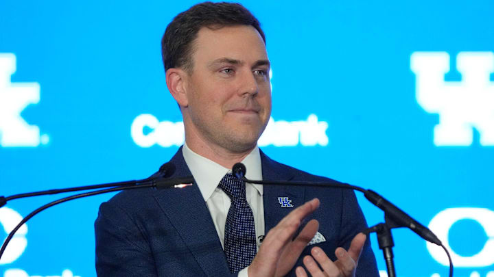 New Kentucky Wildcat head coach Will Stein makes remarks as he is introduced at Kentucky on Wednesday, December 3, 2025