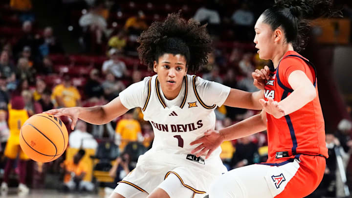 Arizona State Sun Devils guard Amaya Williams (1) controls the ball against Arizona Wildcats guard Sumayah Sugapong (3) on Jan. 28, 2026, at Desert Financial Arena in Tempe. Arizona State Sun Devils guard Amaya Williams (1) controls the ball against Arizona Wildcats guard Sumayah Sugapong (3) on Jan. 28, 2026, at Desert Financial Arena in Tempe.