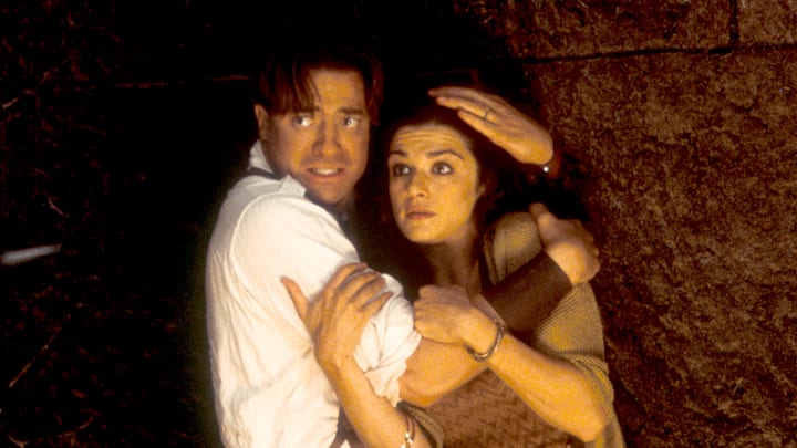 Rick (played by Brendan Fraser, left) and Evelyn O''Connell (played by Rachel Weisz) brace themselves for trouble in "The Mummy Returns."