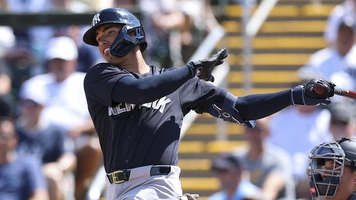 Feb 27, 2026; Fort Myers, Florida, USA; New York Yankees shortstop George Lombard Jr. (96) hits a two-RBI single against the Minnesota Twins in the first inning during spring training at Lee Health Sports Complex/Hammond Stadium. Mandatory Credit: Nathan Ray Seebeck-Imagn Images Feb 27, 2026; Fort Myers, Florida, USA; New York Yankees shortstop George Lombard Jr. (96) hits a two-RBI single against the Minnesota Twins in the first inning during spring training at Lee Health Sports Complex/Hammond Stadium. Mandatory Credit: Nathan Ray Seebeck-Imagn Images