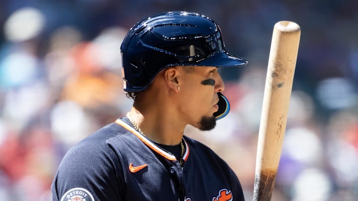 Apr 1, 2026; Phoenix, Arizona, USA; Detroit Tigers outfielder Javier Baez against the Arizona Diamondbacks at Chase Field. Mandatory Credit: Mark J. Rebilas-Imagn Images