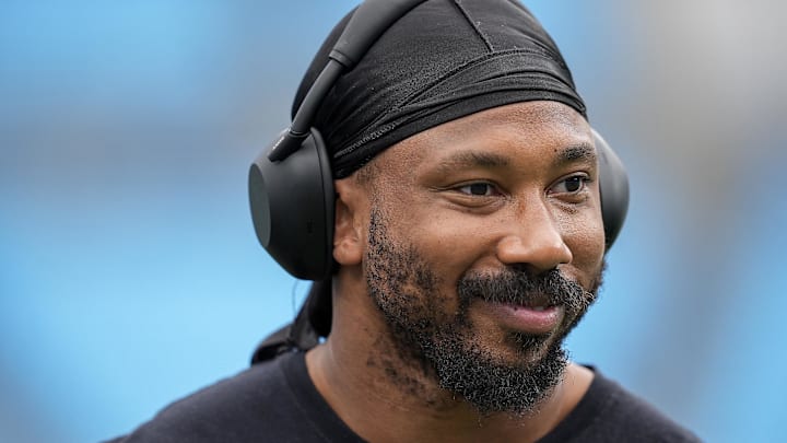 Aug 8, 2025; Charlotte, North Carolina, USA; Cleveland Browns defensive end Myles Garrett (95) during pregame warm ups at Bank of America Stadium. Mandatory Credit: Jim Dedmon-Imagn Images