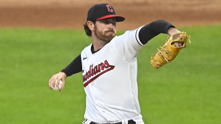 Sep 22, 2023; Cleveland, Ohio, USA; Cleveland Guardians starting pitcher Shane Bieber (57) delivers a pitch in the first inning against the Baltimore Orioles at Progressive Field. Mandatory Credit: David Richard-Imagn Images