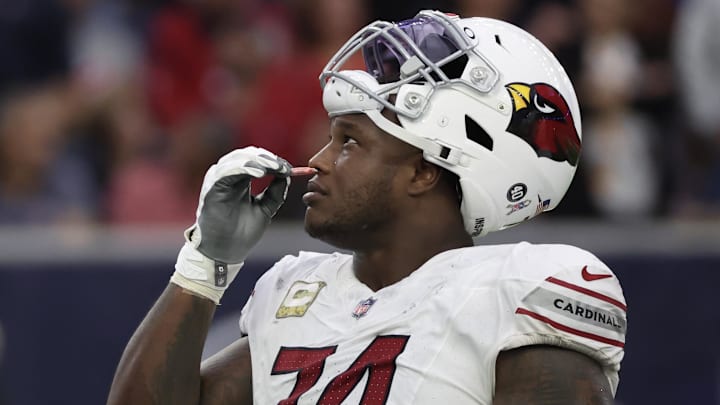 Nov 19, 2023; Houston, Texas, USA; Arizona Cardinals offensive tackle D.J. Humphries (74) smells smelling salts as he and the Houston Texans waits for a call in the second half at NRG Stadium. Mandatory Credit: Thomas Shea-Imagn Images