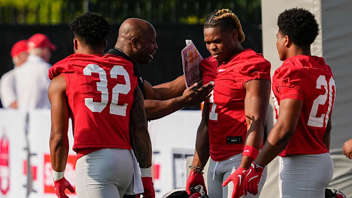 Aug 1, 2024; Columbus, OH, USA; Ohio State Buckeyes running backs coach Carlos Locklyn works with running backs TreVeyon Henderson (32), Quinshon Judkins (1) and James Peoples (20) during football camp at the Woody Hayes Athletic Complex.