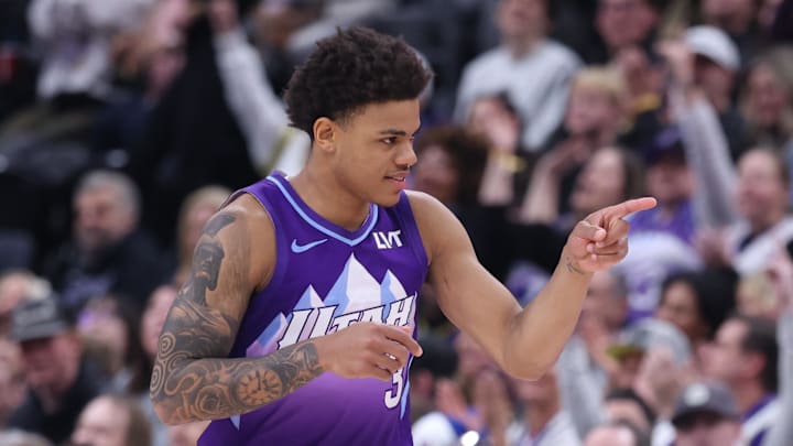 Feb 22, 2025; Salt Lake City, Utah, USA; Utah Jazz guard Keyonte George (3) reacts to a shot against the Houston Rockets during the second half at Delta Center. Mandatory Credit: Rob Gray-Imagn Images