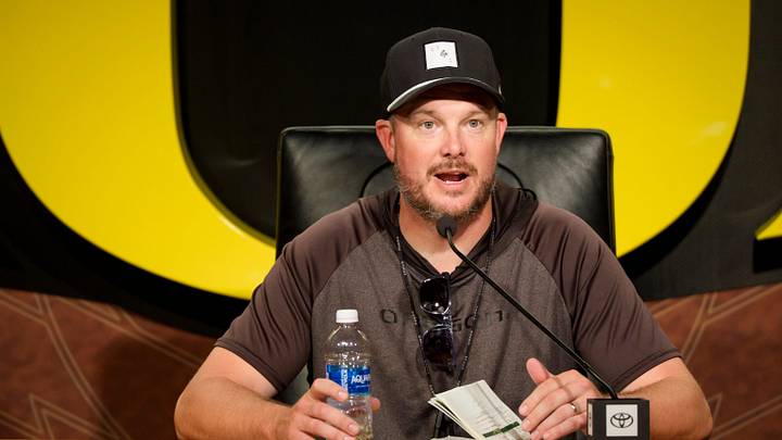 Oregon head coach Dan Lanning speaks during a press conference on Aug. 18, 2026, at the Hatfield-Dowlin Complex in Eugene, Oregon.