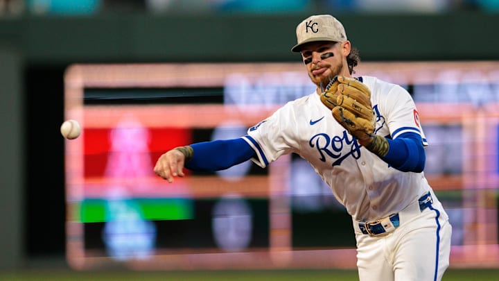 Kansas City Royals shortstop Bobby Witt Jr. throws to first base during the ninth inning against the St. Louis Cardinals at Kauffman Stadium.