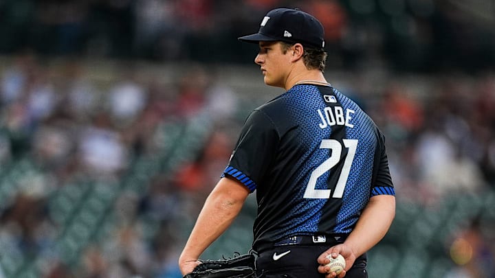 Detroit Tigers pitcher Jackson Jobe (21) looks before throwing against Kansas City Royals during the second inning at Comerica Park in Detroit on Friday, April 18, 2025.