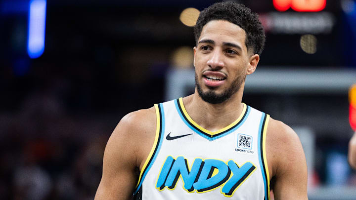 Jan 4, 2025; Indianapolis, Indiana, USA;  Indiana Pacers guard Tyrese Haliburton (0) reacts in the second half against the Phoenix Suns at Gainbridge Fieldhouse. Mandatory Credit: Trevor Ruszkowski-Imagn Images
