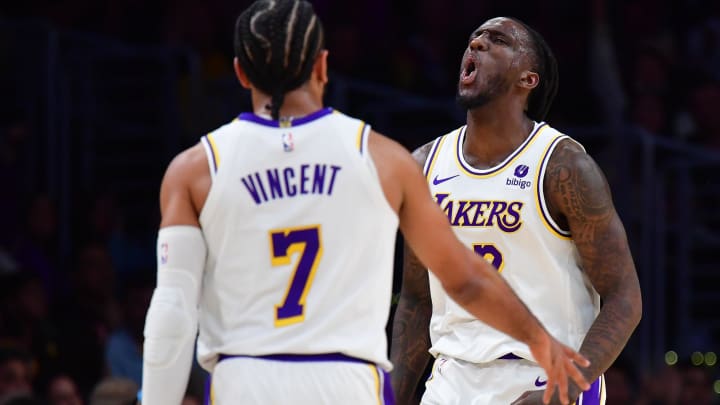 Apr 6, 2024; Los Angeles, California, USA; Los Angeles Lakers forward Taurean Prince (12) reacts after scoring a three point basket against the Cleveland Cavaliers during the first half at Crypto.com Arena. Mandatory Credit: Gary A. Vasquez-USA TODAY Sports