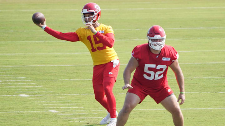 Jul 28, 2021; St. Joseph, MO, United States; Kansas City Chiefs quarterback Patrick Mahomes (15) throws a pass as center Creed Humphrey (52) defends during training camp at Missouri Western State University. Mandatory Credit: Denny Medley-Imagn Images Jul 28, 2021; St. Joseph, MO, United States; Kansas City Chiefs quarterback Patrick Mahomes (15) throws a pass as center Creed Humphrey (52) defends during training camp at Missouri Western State University. Mandatory Credit: Denny Medley-Imagn Images