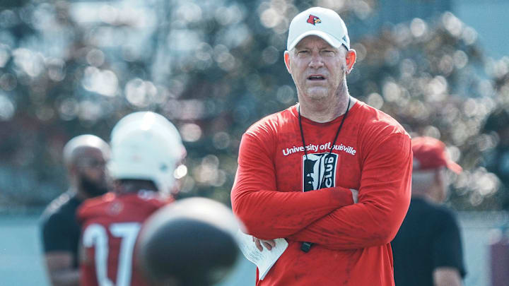 Louisville Cardinals head football coach Jeff Brohm at a morning practice Wednesday. July 30, 2025. The Cardinals' 2024 record: 9–4, 5–3 in the ACC. Louisville Cardinals head football coach Jeff Brohm at a morning practice Wednesday. July 30, 2025. The Cardinals' 2024 record: 9–4, 5–3 in the ACC.