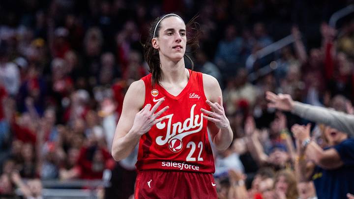 May 22, 2026; Indianapolis, Indiana, USA;  Indiana Fever guard Caitlin Clark (22) celebrates a made shot  in the second half against the Golden State Valkyries at Gainbridge Fieldhouse. Mandatory Credit: Trevor Ruszkowski-Imagn Images