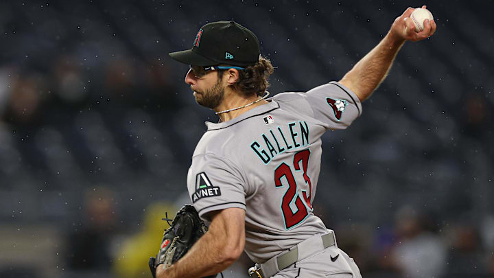 Apr 2, 2025; Bronx, New York, USA; Arizona Diamondbacks starting pitcher Zac Gallen (23) delivers a pitch during the first inning against the New York Yankees at Yankee Stadium. Mandatory Credit: Vincent Carchietta-Imagn Images