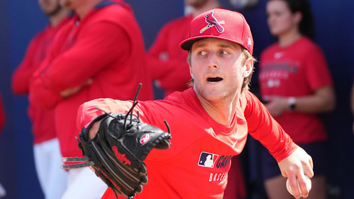 Feb 12, 2025; Jupiter, FL, USA; St. Louis Cardinals pitcher Quinn Mathews throws during Spring Training. Mandatory Credit: Jim Rassol-Imagn Images Feb 12, 2025; Jupiter, FL, USA; St. Louis Cardinals pitcher Quinn Mathews throws during Spring Training. Mandatory Credit: Jim Rassol-Imagn Images