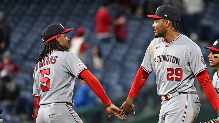 Mar 30, 2026; Philadelphia, Pennsylvania, USA; Washington Nationals shortstop CJ Abrams (5) and Washington Nationals left fielder James Wood (29) celebrate win against the Philadelphia Phillies at Citizens Bank Park. Mandatory Credit: Eric Hartline-Imagn Images
