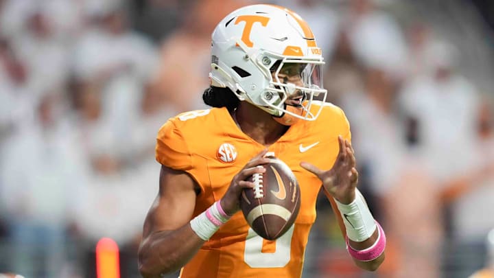 Tennessee quarterback Nico Iamaleava (8) prepares to throw a pass during a game between Florida and Tennessee in Neyland Stadium, in Knoxville, Tenn., Saturday, Oct. 12, 2024.