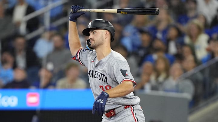 Aug 25, 2025; Toronto, Ontario, CAN; Minnesota Twins right fielder Matt Wallner (38) reacts after hitting a fly ball to the Toronto Blue Jays during the eighth inning at Rogers Centre. Aug 25, 2025; Toronto, Ontario, CAN; Minnesota Twins right fielder Matt Wallner (38) reacts after hitting a fly ball to the Toronto Blue Jays during the eighth inning at Rogers Centre.