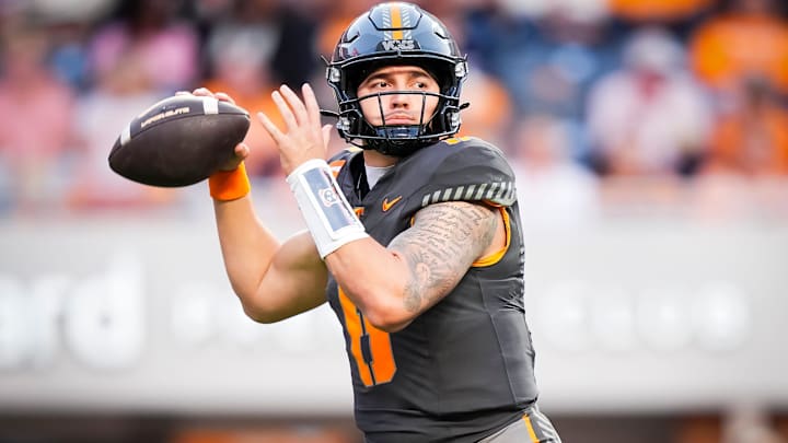 Tennessee quarterback Joey Aguilar (6) throws the ball during Tennessee's game against New Mexico State in Neyland Stadium in Knoxville, Tenn., on Nov. 15, 2025.