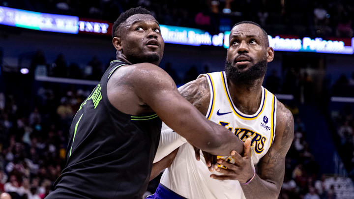 Apr 14, 2024; New Orleans, Louisiana, USA; Los Angeles Lakers forward LeBron James (23) and New Orleans Pelicans forward Zion Williamson (1) fight for position during the second half at Smoothie King Center. Mandatory Credit: Stephen Lew-Imagn Images Apr 14, 2024; New Orleans, Louisiana, USA; Los Angeles Lakers forward LeBron James (23) and New Orleans Pelicans forward Zion Williamson (1) fight for position during the second half at Smoothie King Center. Mandatory Credit: Stephen Lew-Imagn Images