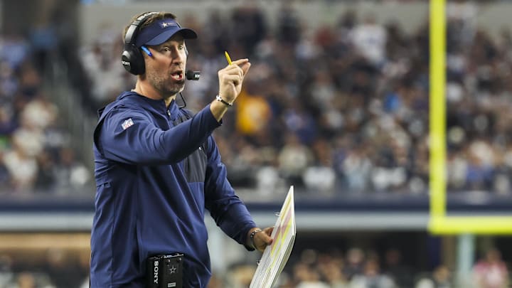 Dec 21, 2025; Arlington, Texas, USA; Dallas Cowboys head coach Brian Schottenheimer reacts to a play against the Los Angeles Chargers during the second quarter at AT&T Stadium. Mandatory Credit: Kevin Jairaj-Imagn Images
