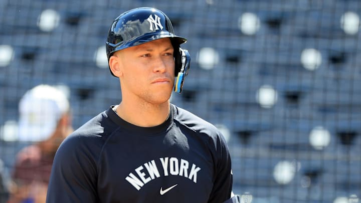 Feb 12, 2026; Tampa, FL, USA;  New York Yankees right fielder Aaron Judge (99) during live batting practice during spring training workouts at George M. Steinbrenner Field. Mandatory Credit: Kim Klement Neitzel-Imagn Images